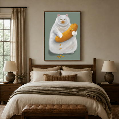 Humorous cat canvas wall art above a neutral bedroom bed with linen bedding