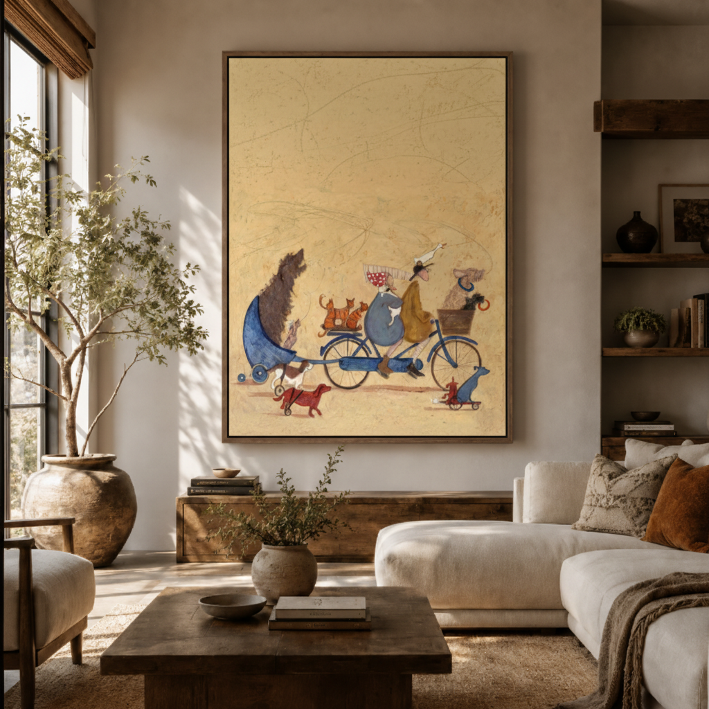 Animal bicycle ride canvas wall art in living room – vintage whimsical illustration with bear duck and dog on bicycle displayed above sofa by Aurewall