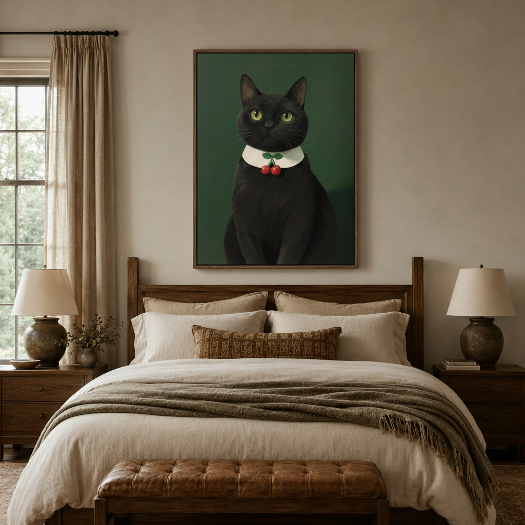Black cat cherry brooch portrait canvas above bed headboard in a neutral bedroom