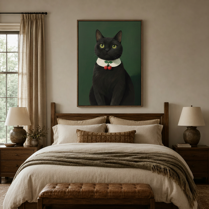 Black cat cherry brooch portrait canvas above bed headboard in a neutral bedroom