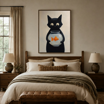 Whimsical black cat goldfish canvas wall art above wooden bed in warm cozy bedroom interior