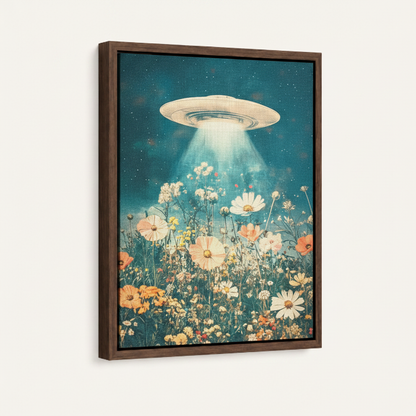 wildflower canvas wall art – retro surreal flying saucer beaming light over daisy meadow, framed wall decor by Aurewall