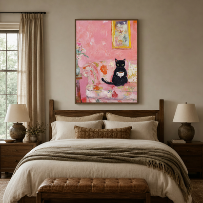 Colorful impressionist black cat canvas print centered above bed in cozy neutral bedroom