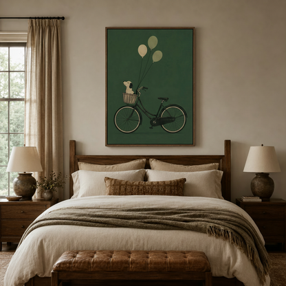 Forest green dog bicycle illustration canvas art above bed in cozy neutral bedroom