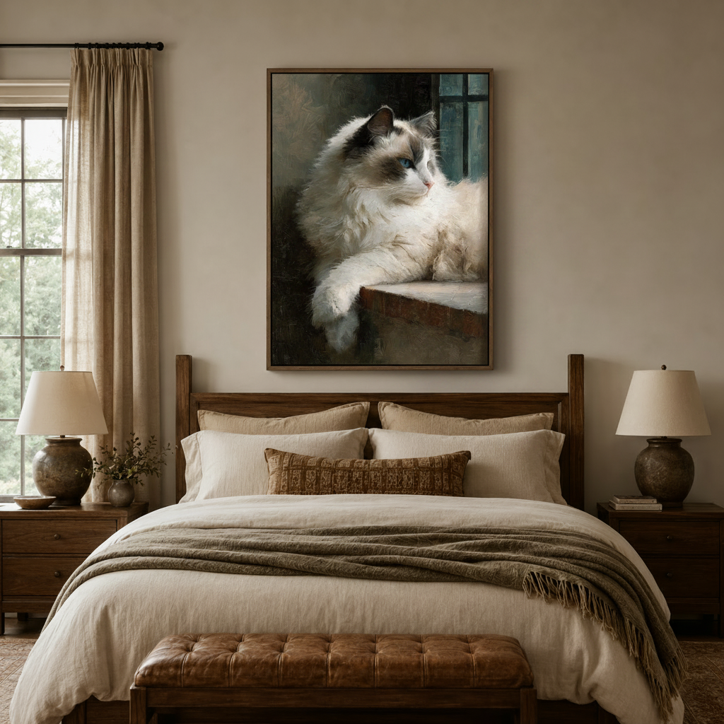 Ragdoll cat classical portrait art above bed in cozy neutral bedroom with warm ambient lighting