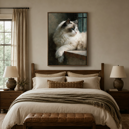 Ragdoll cat classical portrait art above bed in cozy neutral bedroom with warm ambient lighting