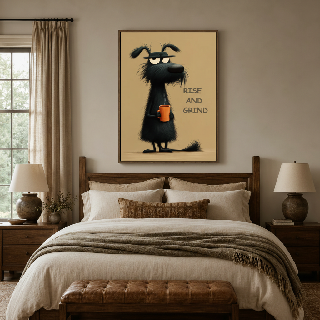 Humorous grumpy dog canvas art above bed in a warm-toned bedroom with wood furniture