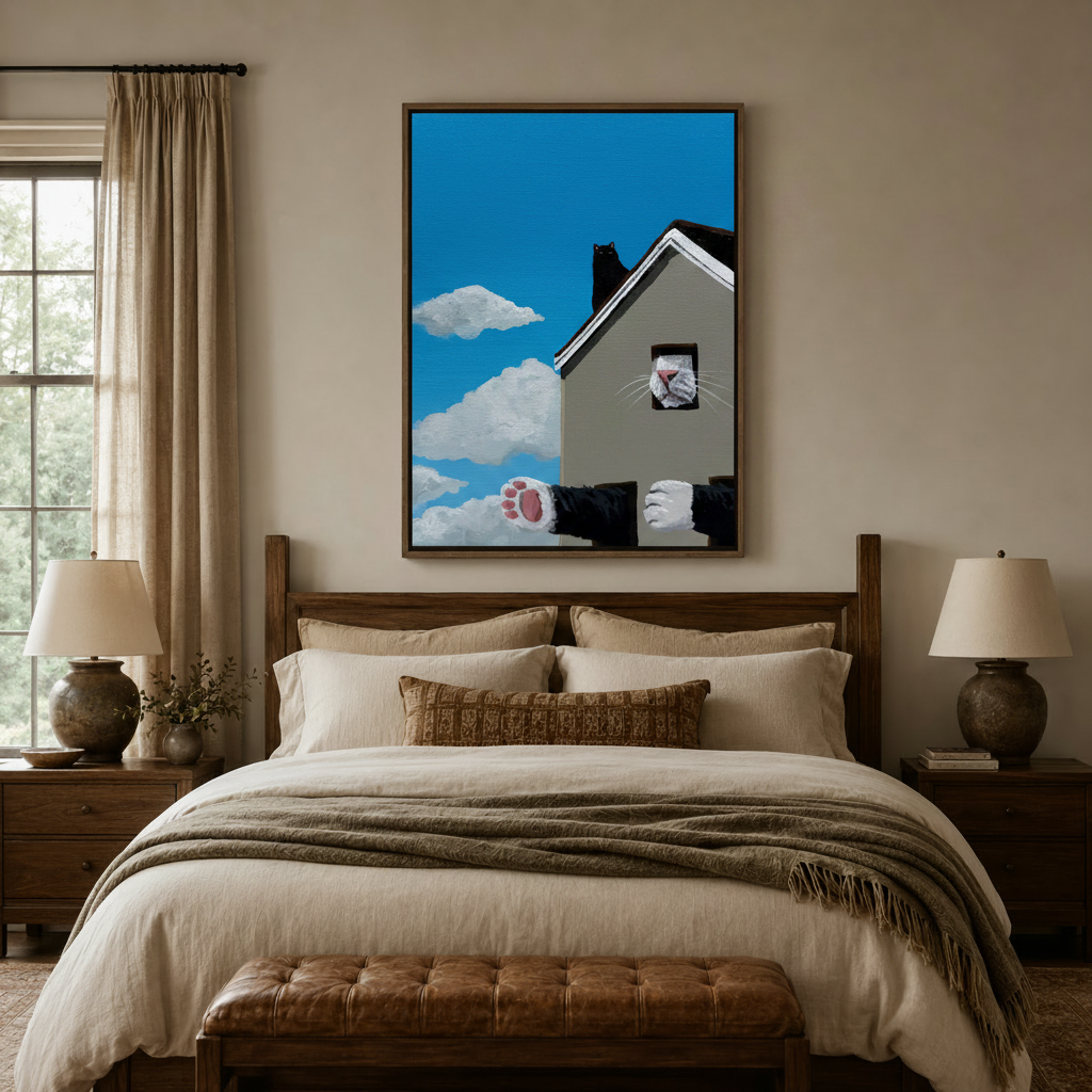Cats on rooftop whimsical canvas art above a bed in a cozy neutral bedroom