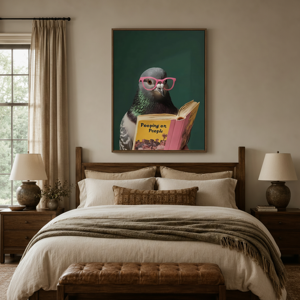 Funny animal canvas wall art above bed in a rustic farmhouse bedroom – pigeon reading book print by Aurewall