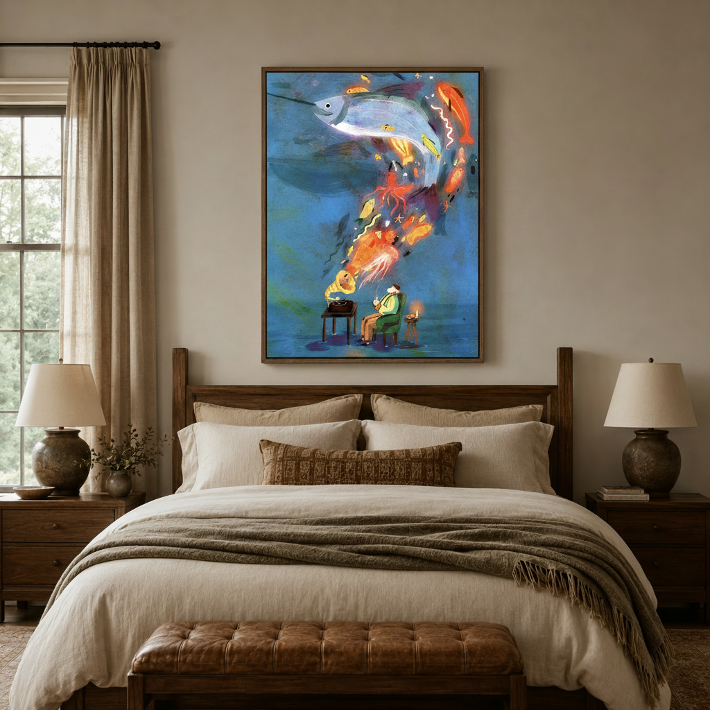 Surrealist gramophone ocean illustration canvas print centered above bed in cozy bedroom