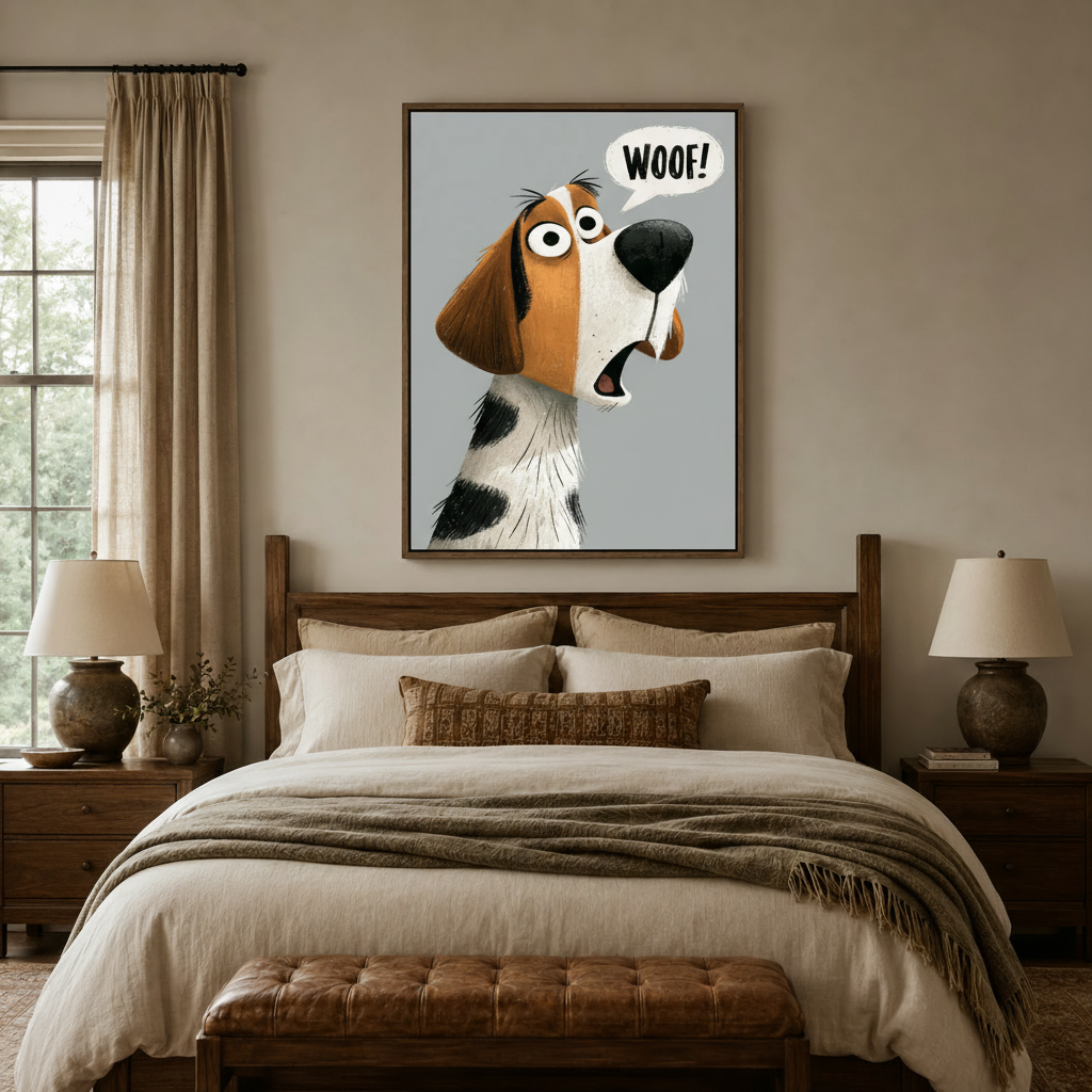 Humorous cartoon dog wall art above a dark wood bed with layered linen bedding in a cozy bedroom