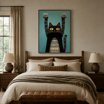 Tuxedo cat raising whiskey glasses canvas art above linen bed in cozy bedroom setting