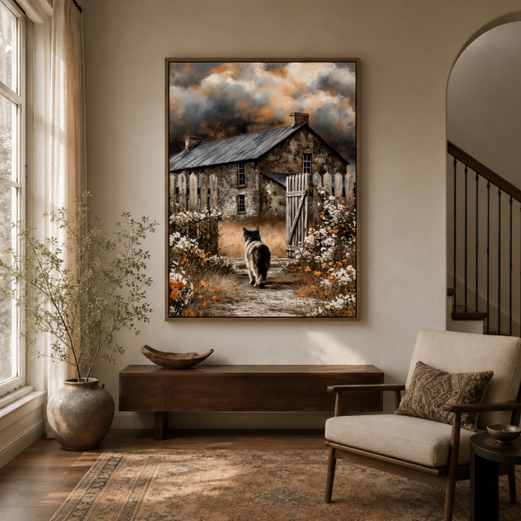 Rustic black cat cottage garden canvas wall art in entryway – English countryside oil painting with black cat among wildflowers as warm welcoming hallway piece by Aurewall