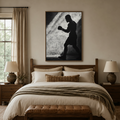 Chiaroscuro boxer canvas wall art above bed in warm neutral bedroom setting