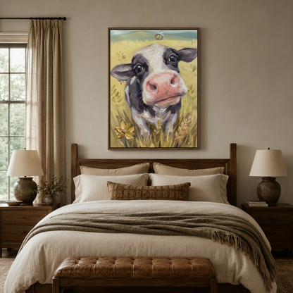 Adorable black and white calf wall art above a bed in a warm-toned bedroom