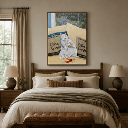 Funny cat canvas above bedroom headboard, white cat with breadstick, warm neutral interior