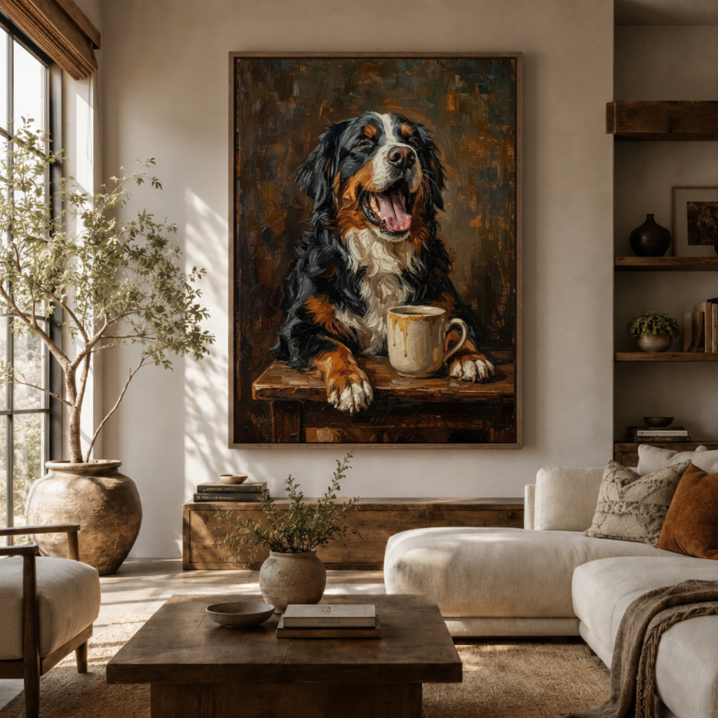Bernese Mountain Dog coffee canvas wall art in living room – funny dog oil painting displayed above sofa by Aurewall