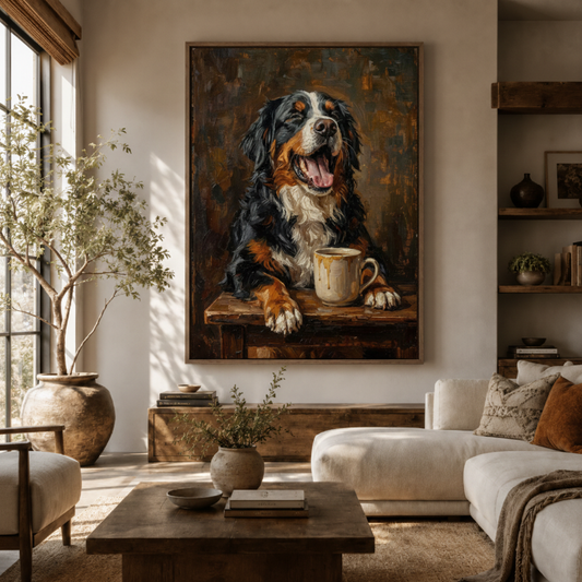 Bernese Mountain Dog coffee canvas wall art in living room – funny dog oil painting displayed above sofa by Aurewall