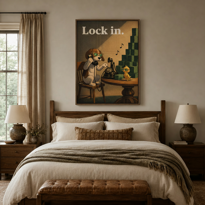 Funny motivational dog wall art canvas above a dark wood bed frame in a warm neutral bedroom
