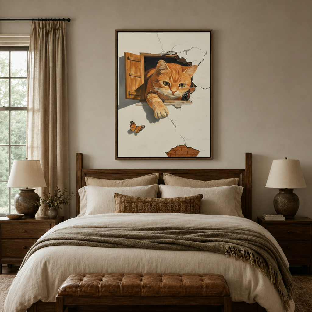  Realistic cat breaking wall canvas print above dark walnut bed in cozy bedroom