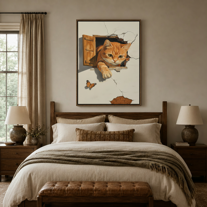  Realistic cat breaking wall canvas print above dark walnut bed in cozy bedroom