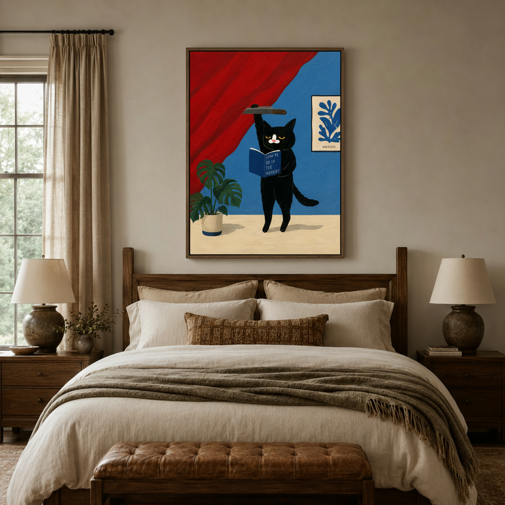 Bold grumpy cat canvas wall art above a wood bed frame in a warm neutral bedroom setting