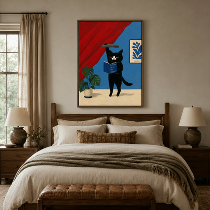 Bold grumpy cat canvas wall art above a wood bed frame in a warm neutral bedroom setting