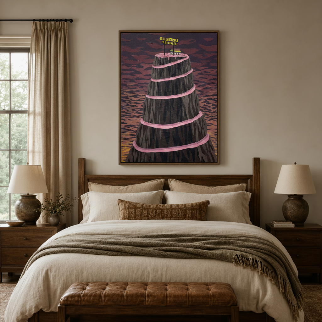 Waffle House folk art framed canvas above wooden bed in warm neutral bedroom