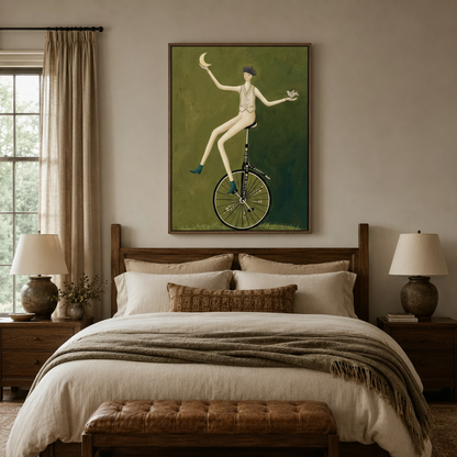 Enchanting unicycle woman canvas art above bed in warm-toned bedroom with linen curtains and wood furniture