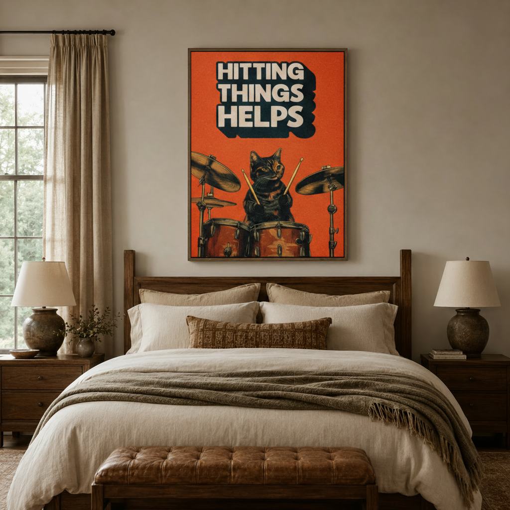 Bold retro cat drummer canvas wall art above a bed in a cozy styled bedroom