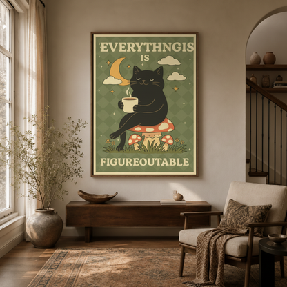 Black cat mushroom motivational canvas print in home office – retro inspirational poster with black cat holding coffee on mushrooms as uplifting desk wall accent by Aurewall