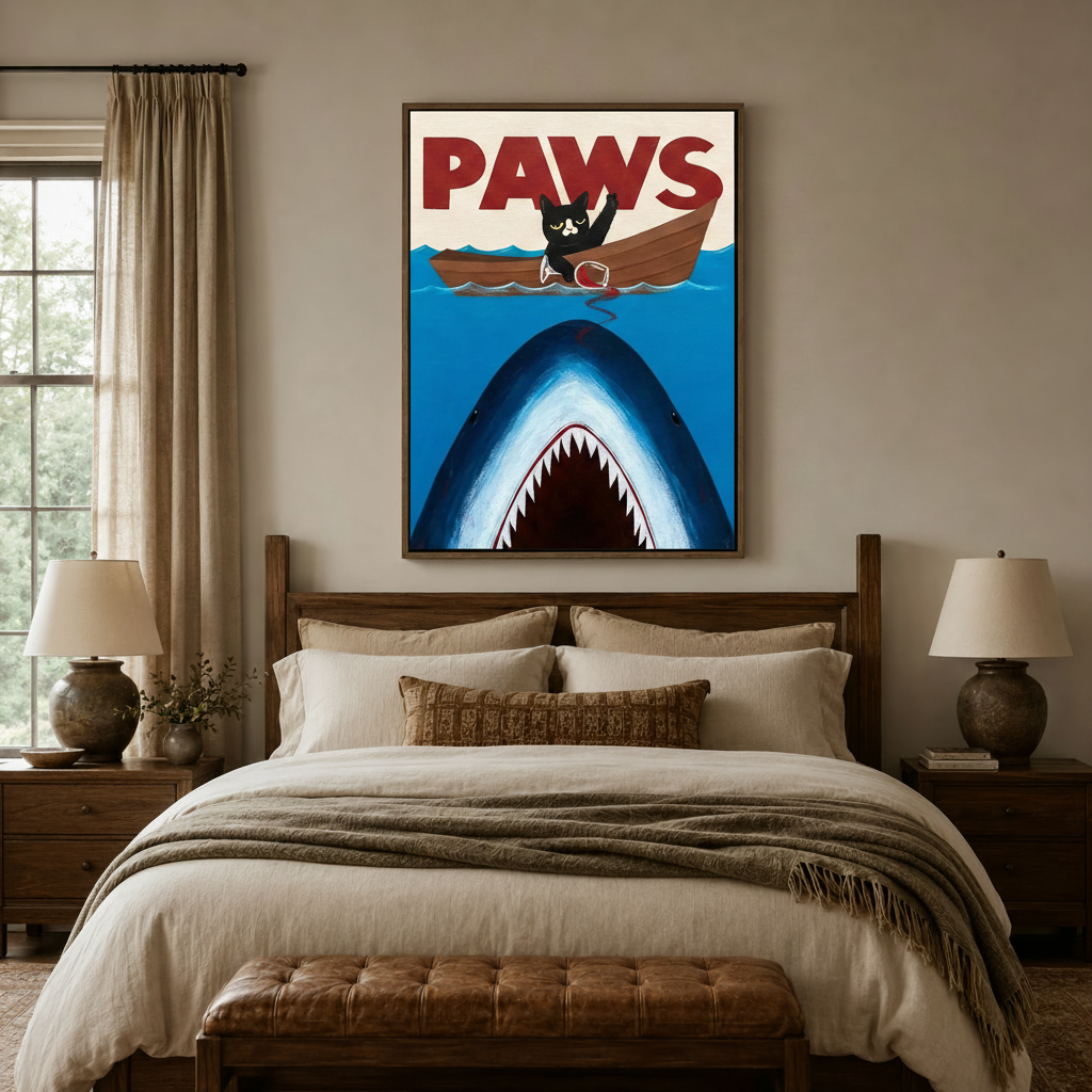 PAWS pop art canvas print in floating frame above a dark walnut bed in a cozy bedroom setting