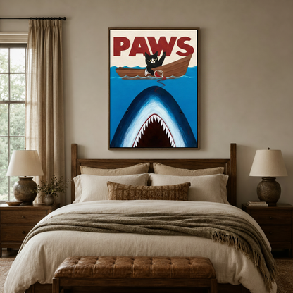 PAWS pop art canvas print in floating frame above a dark walnut bed in a cozy bedroom setting