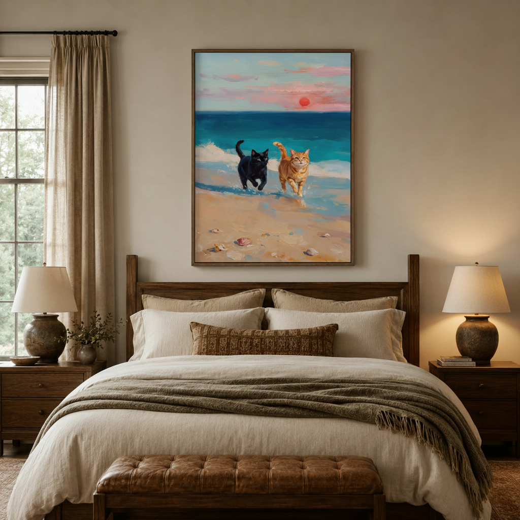 Sunset beach cat canvas print above dark walnut bed in cozy neutral bedroom
