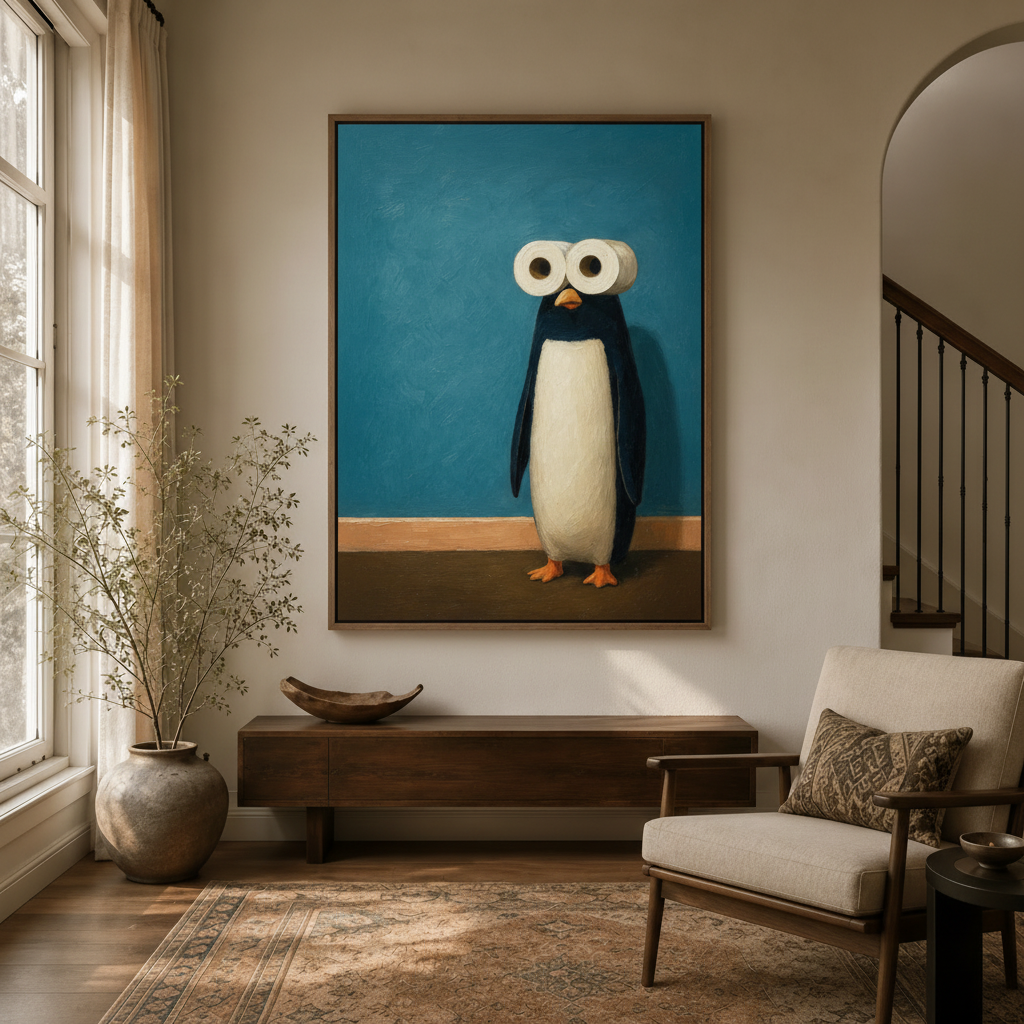 Funny penguin canvas wall art in dark walnut float frame displayed in a cozy entryway with arched doorway