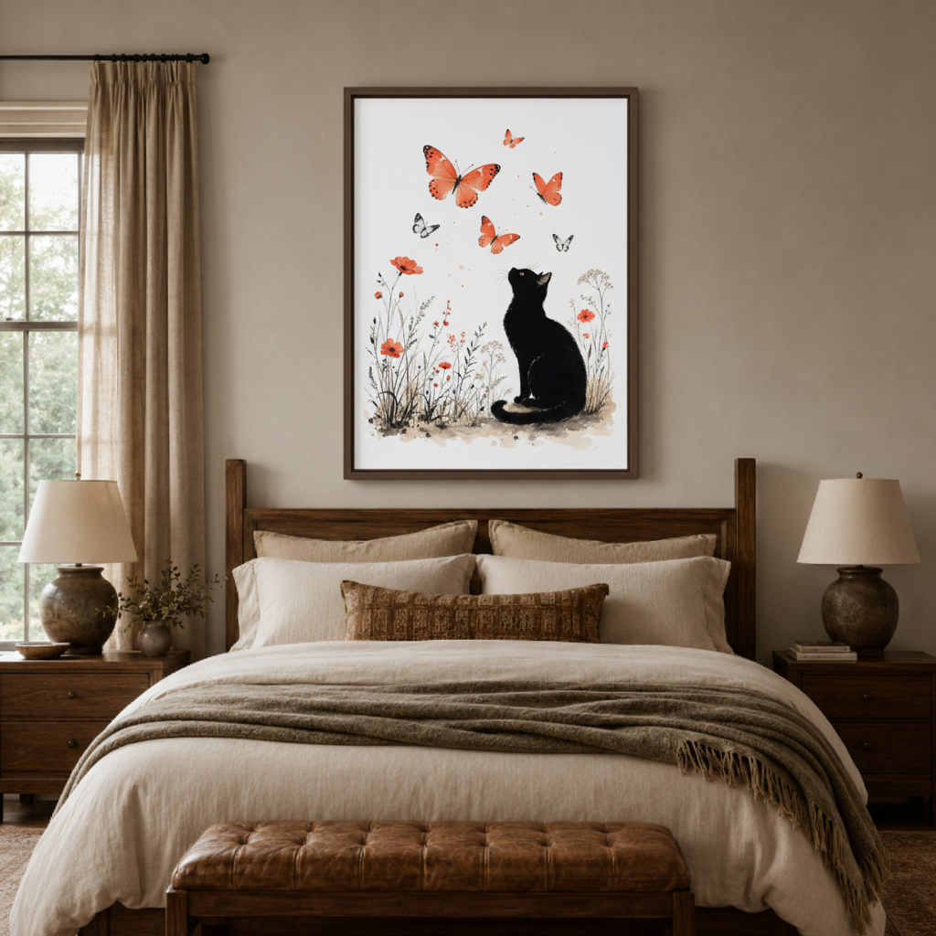 Black cat butterfly canvas wall art bedroom detail – close-up of botanical illustration showing black cat among delicate wildflowers and butterflies by Aurewall