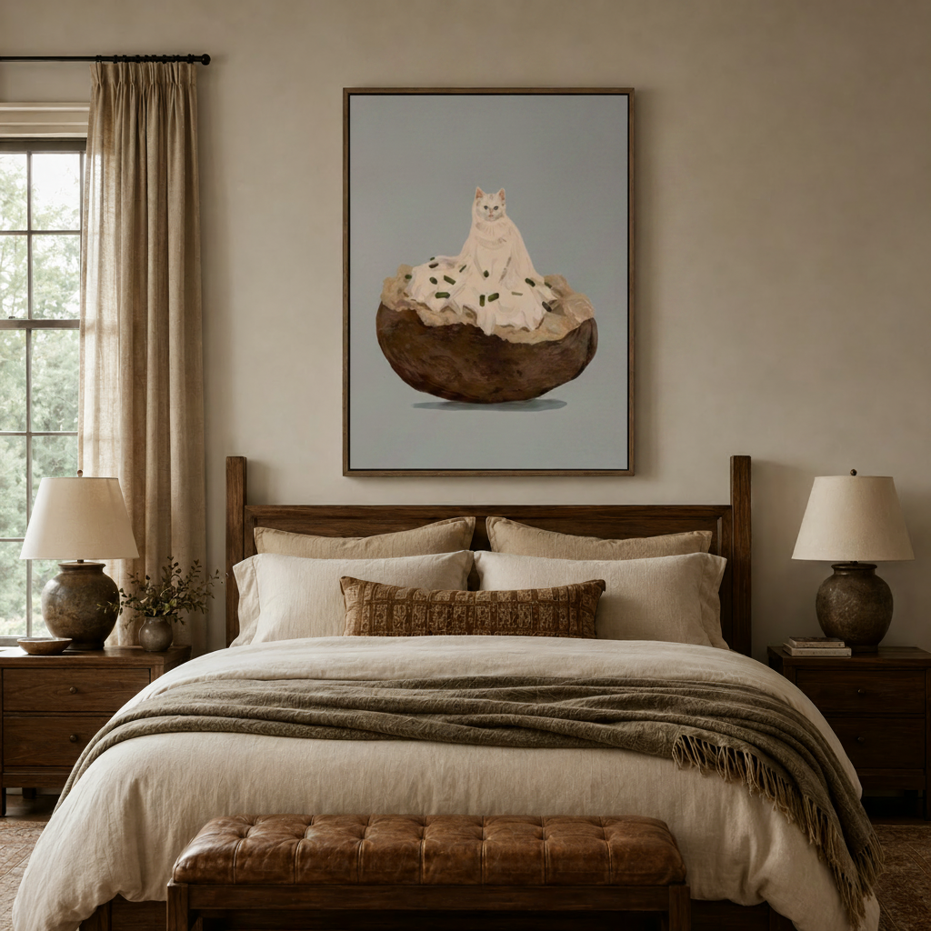 Soft realistic cat on baked potato canvas in walnut floater frame above a linen bed in a warm bedroom