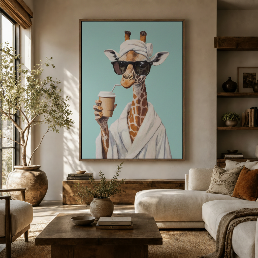 Whimsical giraffe wall art in dark walnut float frame hanging in a warm living room