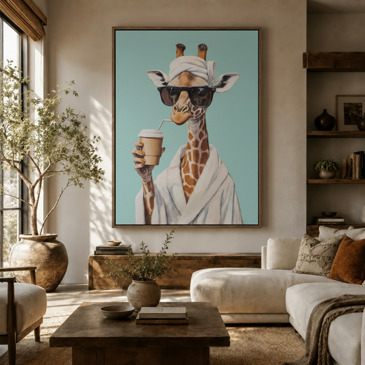 Whimsical giraffe wall art in dark walnut float frame hanging in a warm living room