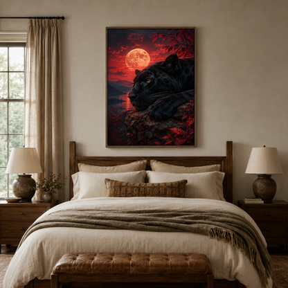 Dark black panther blood moon canvas print in bedroom – dramatic wildlife oil painting with red moon as bold statement wall decor above bed by Aurewall