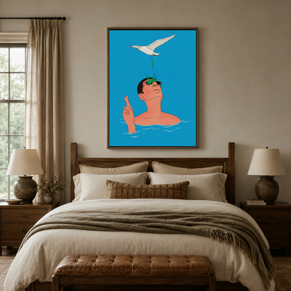 Funny blue ocean illustration canvas print above dark walnut bed in cozy bedroom