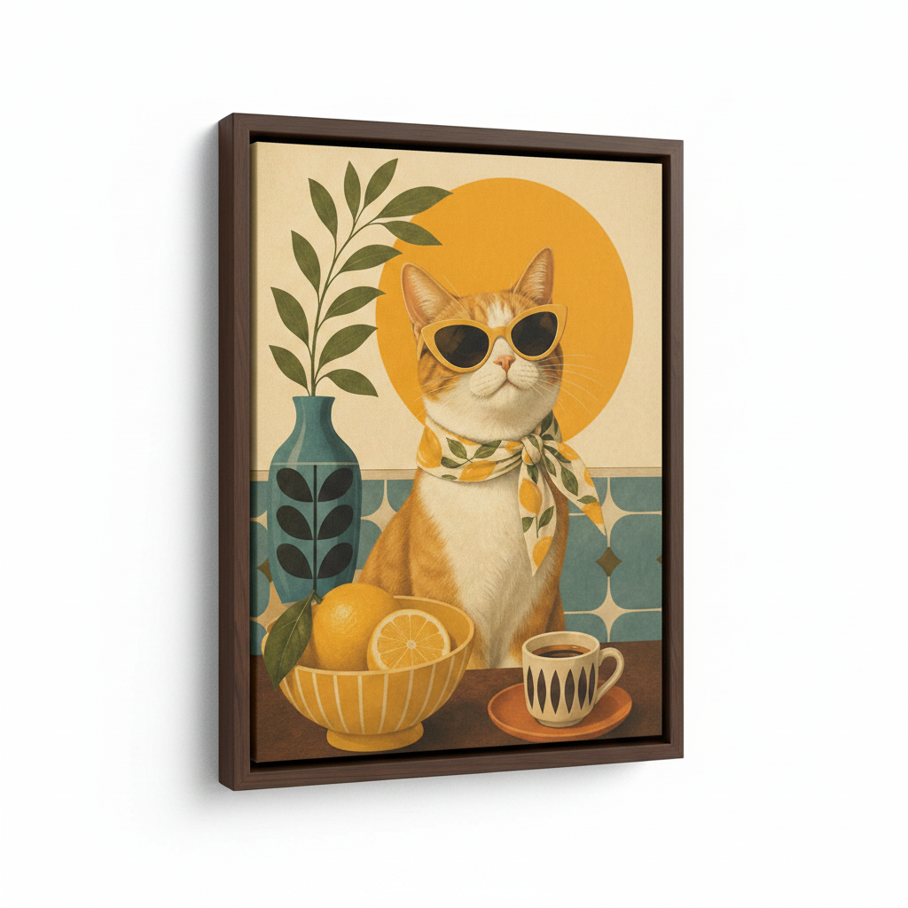 Cool cat mid-century modern canvas in dark walnut float frame, product view