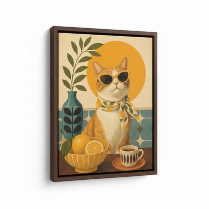 Cool cat mid-century modern canvas in dark walnut float frame, product view