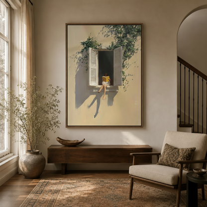 Vintage figurative wall art of reading girl with ivy and shutters styled in neutral living room