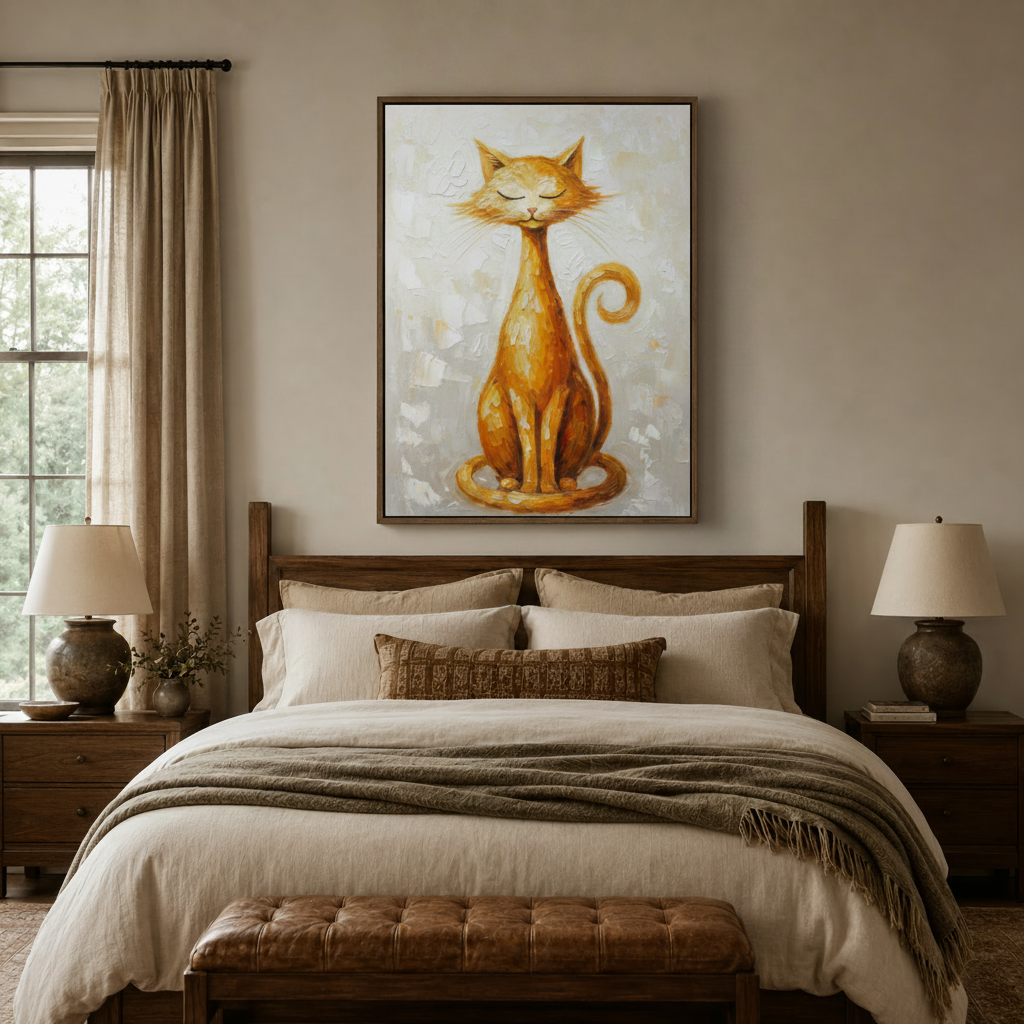 Whimsical orange cat canvas art above a rustic wooden bed in a cozy neutral bedroom