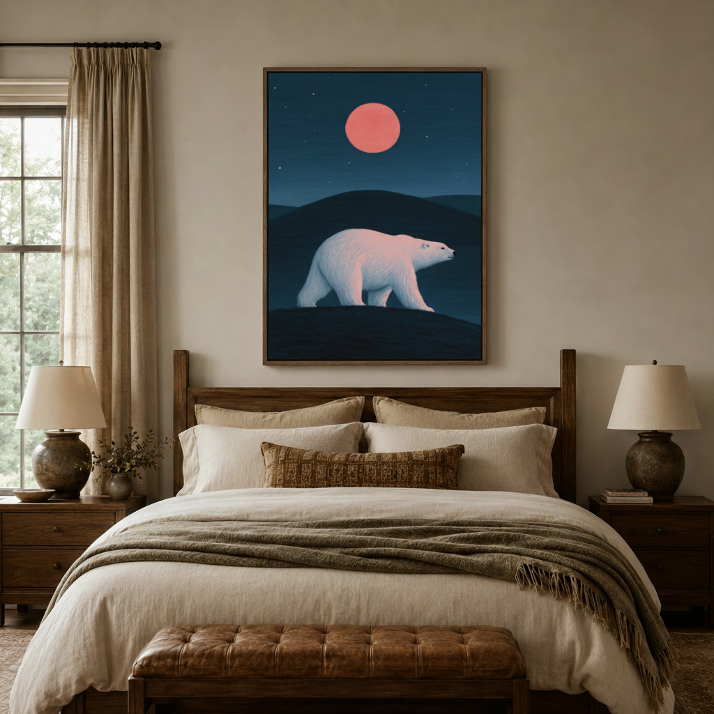 Minimalist polar bear night sky canvas print in dark walnut float frame above bedroom headboard