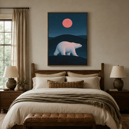 Minimalist polar bear night sky canvas print in dark walnut float frame above bedroom headboard