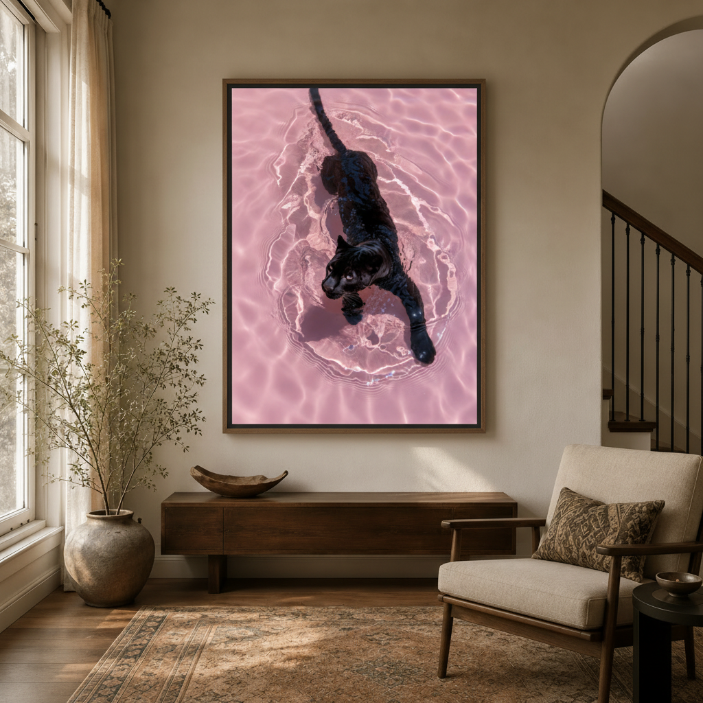 Framed black panther aerial art canvas hanging in modern entryway hallway interior