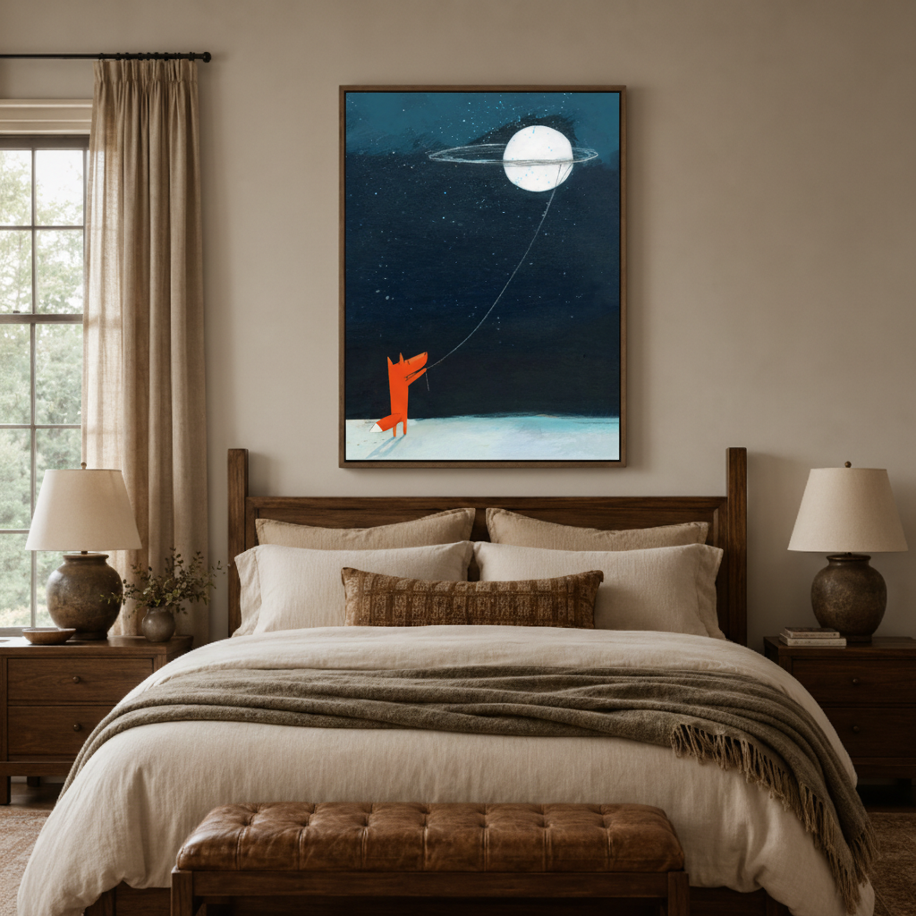 Minimalist fox moon canvas print in bedroom – Nordic night illustration with lone fox and shooting star as dreamy wall decor by Aurewall