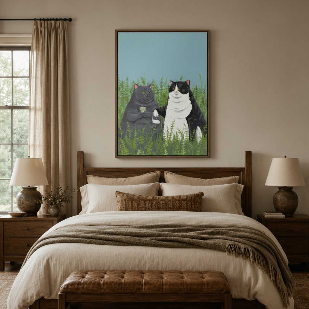 Two chubby cats fern field canvas above wooden bed headboard in cozy warm-toned bedroom
